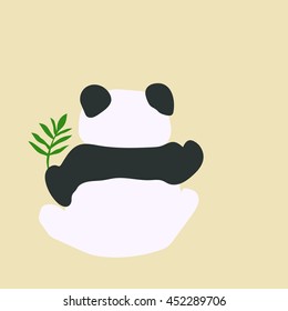 Painted Panda back in cartoon style on a beige background with green leaf bamboo