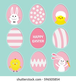 Painted pattern egg frame set Bunny rabbit hare holding carrot. Chicken bird with shell. Happy Easter text. Dash line contour. Greeting card. Blue pastel color background. Flat design. Vector 