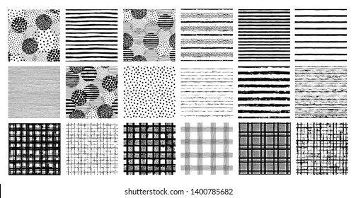 Painted patterns. Seamless brush backgrounds of dots and stripes. Irregular plaid and checkered hand drawn painted elements. Vector striped graphic prints. Black and white art. Square tiles