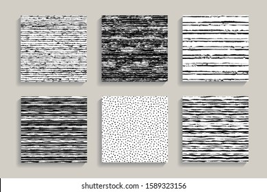 Painted Patterns. Seamless Dots, Stripes Backgrounds. Irregular Hand Drawn Brush Stokes Elements. Vector Striped Graphic Prints. Black And White Art. Square Tiles