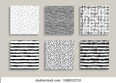 Painted patterns. Seamless tartan, dots, stripes backgrounds. Irregular plaid and checkered hand drawn brush stokes elements. Vector striped graphic prints. Black and white art. Square tiles