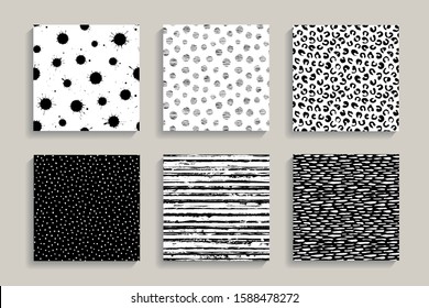 Painted patterns. Seamless tartan, dots, stripes backgrounds. Irregular plaid and checkered hand drawn brush stokes elements. Vector striped graphic prints. Black and white art. Square tiles