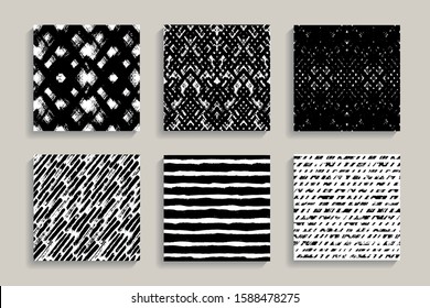 Painted patterns. Seamless tartan, dots, stripes backgrounds. Irregular plaid and checkered hand drawn brush stokes elements. Vector striped graphic prints. Black and white art. Square tiles