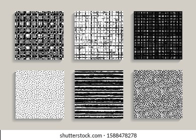 Painted patterns. Seamless tartan, dots, stripes backgrounds. Irregular plaid and checkered hand drawn brush stokes elements. Vector striped graphic prints. Black and white art. Square tiles