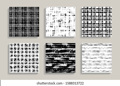 Painted patterns. Seamless tartan, stripes backgrounds. Irregular plaid and checkered hand drawn brush stokes elements. Vector striped graphic prints. Black and white art. Square tiles