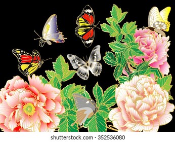 Painted peony and butterfly vector background for text