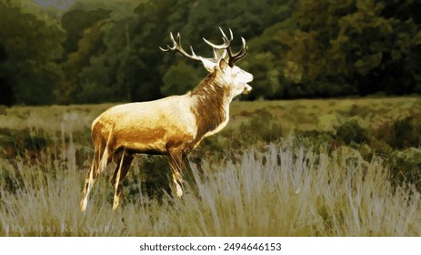 A painted picture with a horned deer on a forest background.  A drawing for interior decoration. Artwork on canvas.