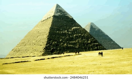 A painted picture of the pyramids in Egypt.  A drawing for interior decoration. Artwork on canvas.