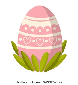 Painted pink Easter egg in the grass. Happy Easter Celebration.Traditional design element for Christian holiday. Vector illustration isolated on white background for banner, card, website, poster.