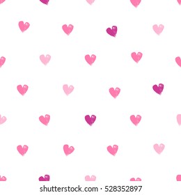 Painted pink hearts on white background seamless pattern. Hand drawn texture. Vector background. Good for valentine's day poster banner greeting card design.