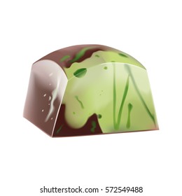 Painted pistachio chocolate candy with green splashes. Vector photorealistic 3d illustration. Isolated On White