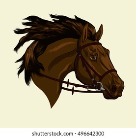 Painted portrait of Friesian horse in bridle with a snaffle bit. Head of stallion with a long mane . Vector isolated on a beige background. Illustration for equestrian shop.