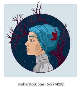 Painted portrait of a girl. Vintage drawing. Vector. Tattoo. Iillustration. Print.