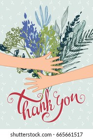 A painted postcard with an inscription and a bouquet on a blue seamless background