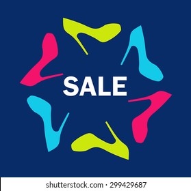 Painted poster "Sale shoes" (colored shoes on a blue background, white lettering)
