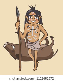 painted primitive man with spear, funny cartoon vector illustration of ancient hunter