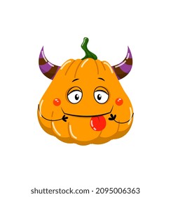 Painted pumpkin with horns. Social media sticker. Halloween and badges for childrens. Cute devil, evil characters for feast of fear. Cartoon flat vector illustration isolated on white background