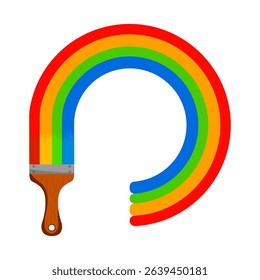 Painted Rainbow Brush Stroke Vector Illustration. This vibrant vector illustration features a realistic wooden paintbrush creating a perfect rainbow arc.