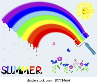 Painted a rainbow platen and dripping paint on the word "Summer."  Vector illustration.
