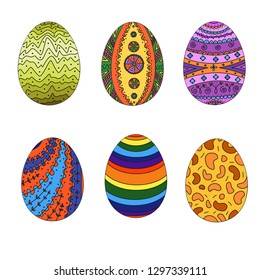 Painted raw Paschal Easter eggs colored and decorated. Vector illustration colorful isolated on white background
