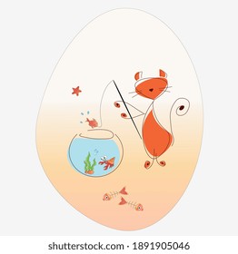 A painted red cat catches fish from an aquarium. Funny children's vector picture in flat style