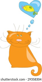 A painted red cat dreams of fish. Cartoon illustration