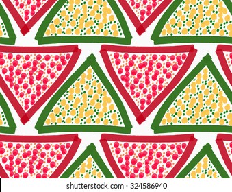 Painted red and green triangles with dots.Hand drawn with paint brush seamless background. Abstract colorful texture. Modern irregular tillable design.