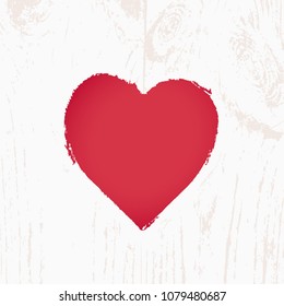 Painted red heart on light wooden background. Valentine's day symbol. Vector illustration.