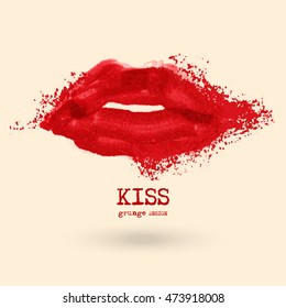 Painted Red Lips. Abstract design. Grunge love element. Usable banner, cards, posters, label, logo, badge. Wallpaper with empty space for your text. Vector illustration.