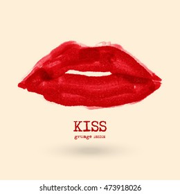 Painted Red Lips. Abstract design. Grunge love element. Usable banner, cards, posters, label, logo, badge. Wallpaper with empty space for your text. Vector illustration.