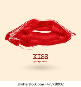 Painted Red Lips. Abstract design. Grunge love element. Usable banner, cards, posters, label, logo, badge. Wallpaper with empty space for your text. Vector illustration.