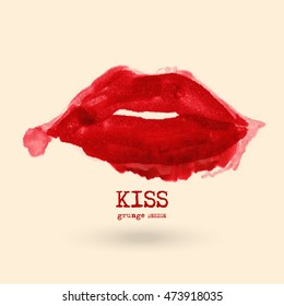 Painted Red Lips. Abstract design. Grunge love element. Usable banner, cards, posters, label, logo, badge. Wallpaper with empty space for your text. Vector illustration.