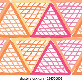 Painted red and orange marker triangles checkered.Hand drawn with paint brush seamless background. Abstract colorful texture. Modern irregular tillable design.