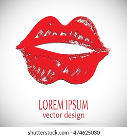 Painted red pink Lips print with shadow. Vector Grunge icon, banner, stamp. Hand drawn romantic background