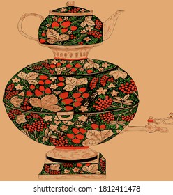Painted samovar with a teapot - There is a teapot on the samovar, a black background is drawn on the samovar, various flowers, leaves, red currants, green leaves and strawberries are drawn on the blac