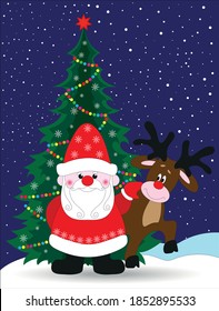 painted santa claus under the tree with a deer