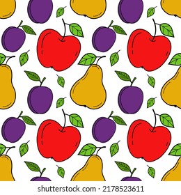 Painted seamless background with apples, pears and plums. Abstract repeating pattern. For paper, cover, fabric, healthy food background, gift wrapping, wall art, decor.