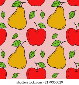 Painted seamless background with apples and pears. Abstract repeating pattern. For paper, cover, fabric, healthy food background, gift wrapping, wall art, interior decor.