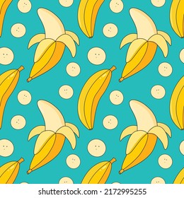 Painted seamless background with banana, abstract repeating pattern. banana pattern. For paper, cover, fabric, healthy food background, gift wrapping, wall art, interior decor. Illustration of food.