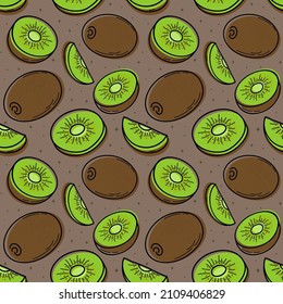 Painted seamless background with kiwi, abstract repeating pattern. For paper, cover, fabric, healthy food background, gift wrapping, wall art, interior decor. Illustration of food.