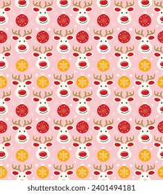 Painted seamless pattern with Christmas tree balls snowflakes and funny reindeer on light background retro style. Christmas holiday background. Design of packaging, wallpaper. Vector doodle. 
