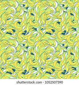 Painted seamless pattern with a curls and petals in green and yellow colors. Endless vector ornament. Decor for textiles.