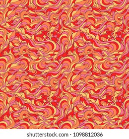 Painted seamless pattern with a curls and petals in red, orange and yellow gamma. Endless vector ornament for fabric and office supplies.