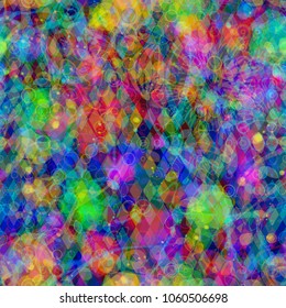 Painted seamless texture. Colorful elements on dark backdrop. Spots, rhombus, curved stripes. Abstract vector background for web page, banners backdrop, fabric, home decor, wrapping