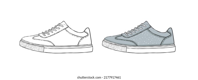 Painted shoes. Sneakers or loafers. Drawing Style Images. Vector illustration