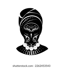 Painted silhouette head beautiful black woman in turban and ornamented face tattoo  Face girl face afro  Black lives matter  Isolated design element  lgotype  print  image  drawing   