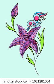 painted simple color vector drawing of a flower and butterflies with a pattern