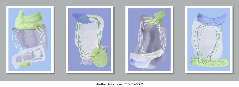 Painted simple postcards vector collection. Watercolor splashes backgrounds. Japanese style prints. Youth office poster layouts. Scribble elements.
