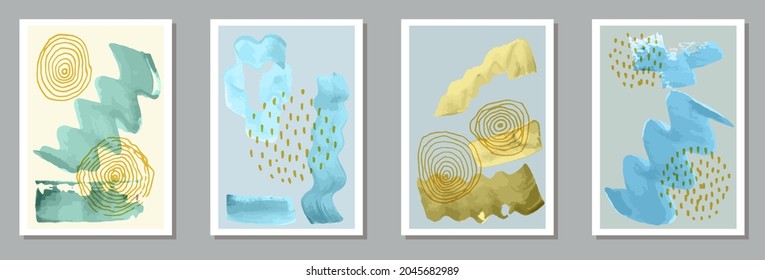 Painted simple posters vector collection. Watercolor splashes texture. Nordic style prints. Stylish artistic cover layouts. Doodle elements.