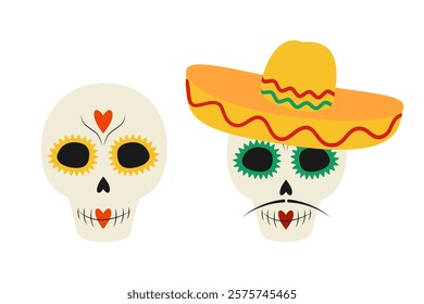 Painted Skeleton in sombrero with mustache and not Set of 2 design elements in trendy festive colors